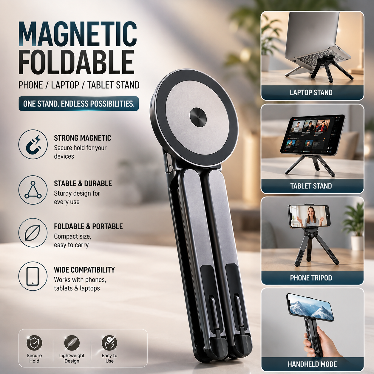 Foldable Portable Phone Holder Stand Magnetic Phone Tripod